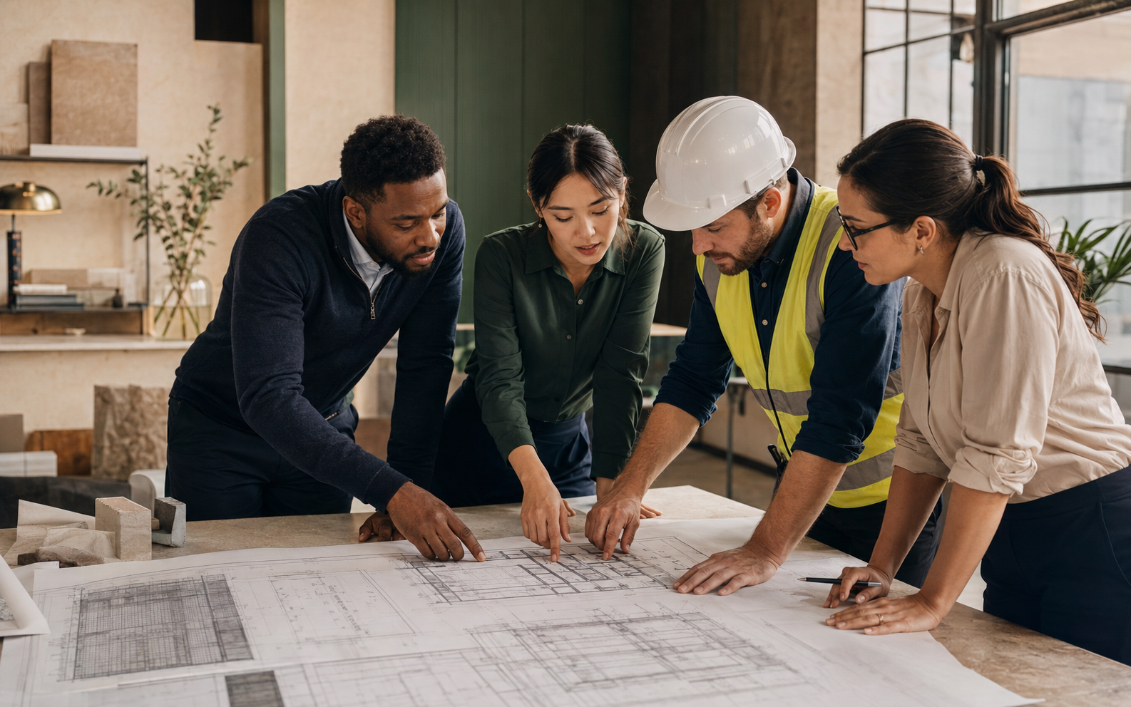 A diverse engineering team collaborating over structural plans